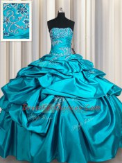 Pick Ups Teal Sleeveless Taffeta Lace Up Quince Ball Gowns for Military Ball and Sweet 16 and Quinceanera