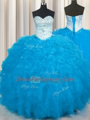 Baby Blue Lace Up Sweetheart Beading and Ruffles Sweet 16 Dresses Tulle Sleeveless