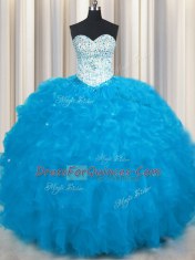 Baby Blue Lace Up Sweetheart Beading and Ruffles Sweet 16 Dresses Tulle Sleeveless