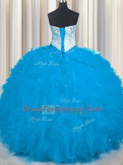 Baby Blue Lace Up Sweetheart Beading and Ruffles Sweet 16 Dresses Tulle Sleeveless