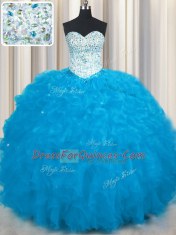 Baby Blue Lace Up Sweetheart Beading and Ruffles Sweet 16 Dresses Tulle Sleeveless