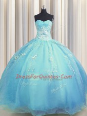 Zipper Up Baby Blue and Light Blue Ball Gowns Organza Sweetheart Sleeveless Beading and Appliques Floor Length Zipper Sweet 16 Quinceanera Dress