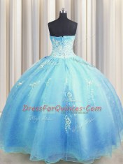 Zipper Up Baby Blue and Light Blue Ball Gowns Organza Sweetheart Sleeveless Beading and Appliques Floor Length Zipper Sweet 16 Quinceanera Dress
