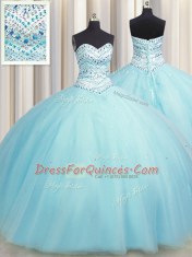 Great Bling-bling Big Puffy Aqua Blue Ball Gowns Sweetheart Sleeveless Tulle Floor Length Lace Up Beading Sweet 16 Dresses