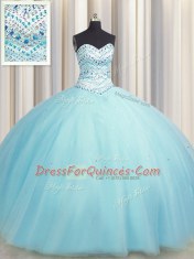 Great Bling-bling Big Puffy Aqua Blue Ball Gowns Sweetheart Sleeveless Tulle Floor Length Lace Up Beading Sweet 16 Dresses