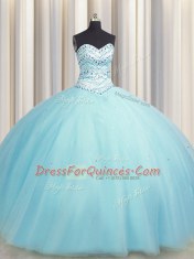 Great Bling-bling Big Puffy Aqua Blue Ball Gowns Sweetheart Sleeveless Tulle Floor Length Lace Up Beading Sweet 16 Dresses