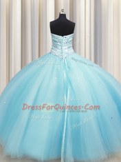 Great Bling-bling Big Puffy Aqua Blue Ball Gowns Sweetheart Sleeveless Tulle Floor Length Lace Up Beading Sweet 16 Dresses