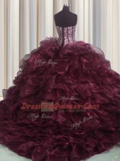 Visible Boning Bling-bling Sleeveless With Train Beading and Ruffles Lace Up Quince Ball Gowns with Burgundy Brush Train