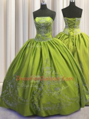 Trendy Strapless Sleeveless Taffeta Quinceanera Gown Beading and Embroidery Lace Up