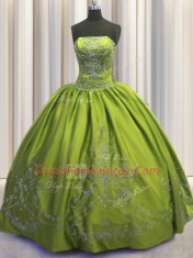 Trendy Strapless Sleeveless Taffeta Quinceanera Gown Beading and Embroidery Lace Up