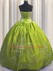 Trendy Strapless Sleeveless Taffeta Quinceanera Gown Beading and Embroidery Lace Up