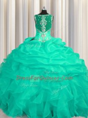 Sophisticated See Through Zipper Up Floor Length Turquoise Sweet 16 Dress Organza Sleeveless Appliques and Ruffles