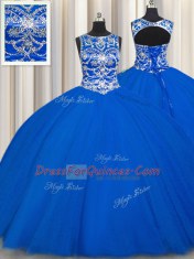 Royal Blue Scoop Lace Up Beading Quinceanera Gowns Sleeveless