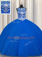 Royal Blue Scoop Lace Up Beading Quinceanera Gowns Sleeveless