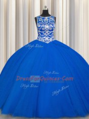 Royal Blue Scoop Lace Up Beading Quinceanera Gowns Sleeveless