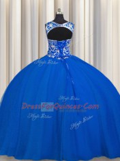 Royal Blue Scoop Lace Up Beading Quinceanera Gowns Sleeveless