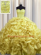 Court Train Gold Sleeveless With Train Beading and Pick Ups Lace Up Quince Ball Gowns