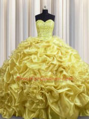 Court Train Gold Sleeveless With Train Beading and Pick Ups Lace Up Quince Ball Gowns