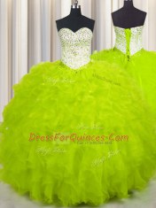Floor Length Yellow Green 15th Birthday Dress Sweetheart Sleeveless Lace Up