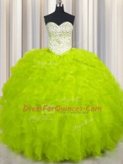 Floor Length Yellow Green 15th Birthday Dress Sweetheart Sleeveless Lace Up