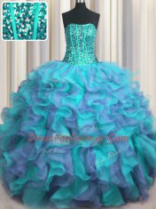 Visible Boning Beaded Bodice Sleeveless Floor Length Beading and Ruffles Lace Up Sweet 16 Dress with Multi-color