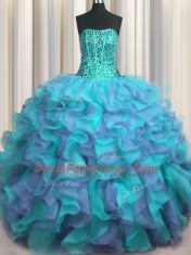 Visible Boning Beaded Bodice Sleeveless Floor Length Beading and Ruffles Lace Up Sweet 16 Dress with Multi-color
