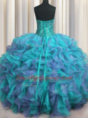 Visible Boning Beaded Bodice Sleeveless Floor Length Beading and Ruffles Lace Up Sweet 16 Dress with Multi-color
