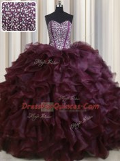 Custom Designed Visible Boning Burgundy Sweetheart Lace Up Beading and Ruffles Quinceanera Gown Brush Train Sleeveless