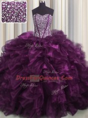 Elegant Visible Boning Sleeveless Brush Train Lace Up With Train Beading and Ruffles 15 Quinceanera Dress