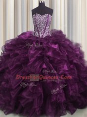 Elegant Visible Boning Sleeveless Brush Train Lace Up With Train Beading and Ruffles 15 Quinceanera Dress