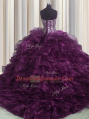 Elegant Visible Boning Sleeveless Brush Train Lace Up With Train Beading and Ruffles 15 Quinceanera Dress