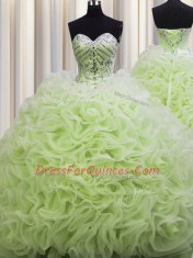 Sumptuous Brush Train Sweetheart Sleeveless Quinceanera Dress Floor Length Beading and Pick Ups Yellow Green Fabric With Rolling Flowers