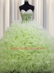 Sumptuous Brush Train Sweetheart Sleeveless Quinceanera Dress Floor Length Beading and Pick Ups Yellow Green Fabric With Rolling Flowers