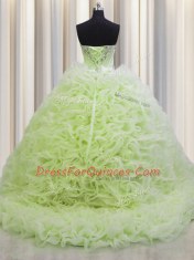 Sumptuous Brush Train Sweetheart Sleeveless Quinceanera Dress Floor Length Beading and Pick Ups Yellow Green Fabric With Rolling Flowers