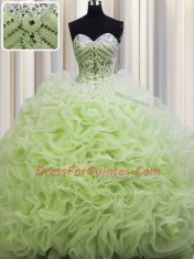 Sumptuous Brush Train Sweetheart Sleeveless Quinceanera Dress Floor Length Beading and Pick Ups Yellow Green Fabric With Rolling Flowers
