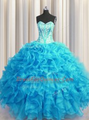 Beauteous Visible Boning Bling-bling Sweetheart Sleeveless Quinceanera Gown Floor Length Beading and Ruffles Baby Blue Organza