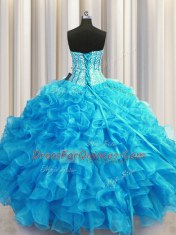 Beauteous Visible Boning Bling-bling Sweetheart Sleeveless Quinceanera Gown Floor Length Beading and Ruffles Baby Blue Organza