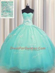 Zipper Up Aqua Blue Organza Zipper Sweetheart Sleeveless Floor Length Quinceanera Dress Beading and Appliques
