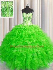 Fantastic Visible Boning Beaded Bodice Organza Lace Up Sweetheart Sleeveless Floor Length 15th Birthday Dress Beading and Ruffles