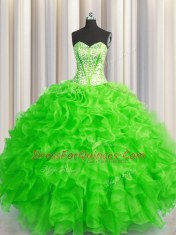 Fantastic Visible Boning Beaded Bodice Organza Lace Up Sweetheart Sleeveless Floor Length 15th Birthday Dress Beading and Ruffles