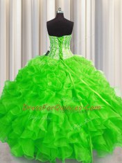Fantastic Visible Boning Beaded Bodice Organza Lace Up Sweetheart Sleeveless Floor Length 15th Birthday Dress Beading and Ruffles