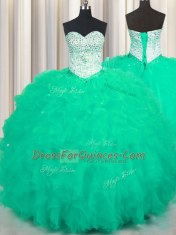 Sweet Turquoise Sweet 16 Quinceanera Dress Military Ball and Sweet 16 and Quinceanera and For with Beading and Ruffles Sweetheart Sleeveless Lace Up
