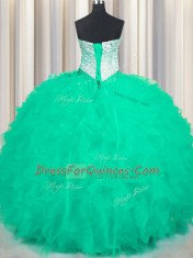 Sweet Turquoise Sweet 16 Quinceanera Dress Military Ball and Sweet 16 and Quinceanera and For with Beading and Ruffles Sweetheart Sleeveless Lace Up