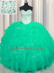 Sweet Turquoise Sweet 16 Quinceanera Dress Military Ball and Sweet 16 and Quinceanera and For with Beading and Ruffles Sweetheart Sleeveless Lace Up