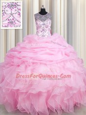 Fabulous See Through Pick Ups Floor Length Rose Pink Quinceanera Dress Scoop Sleeveless Lace Up