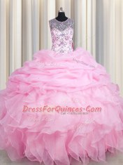 Fabulous See Through Pick Ups Floor Length Rose Pink Quinceanera Dress Scoop Sleeveless Lace Up