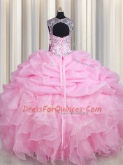 Fabulous See Through Pick Ups Floor Length Rose Pink Quinceanera Dress Scoop Sleeveless Lace Up