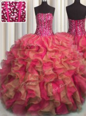 Custom Made Visible Boning Beaded Bodice Multi-color Strapless Neckline Beading and Ruffles Sweet 16 Quinceanera Dress Sleeveless Lace Up
