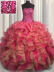 Custom Made Visible Boning Beaded Bodice Multi-color Strapless Neckline Beading and Ruffles Sweet 16 Quinceanera Dress Sleeveless Lace Up