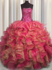 Custom Made Visible Boning Beaded Bodice Multi-color Strapless Neckline Beading and Ruffles Sweet 16 Quinceanera Dress Sleeveless Lace Up